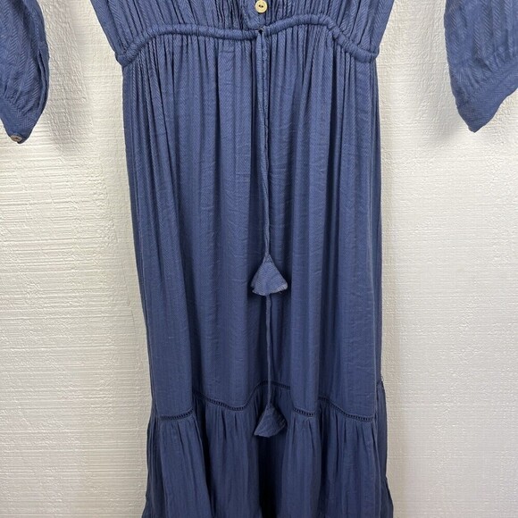Paddo to Palmy Dress 2 Womens Blue Button Front 3/4 Sleeves Pockets Tie Midi - Picture 4 of 8